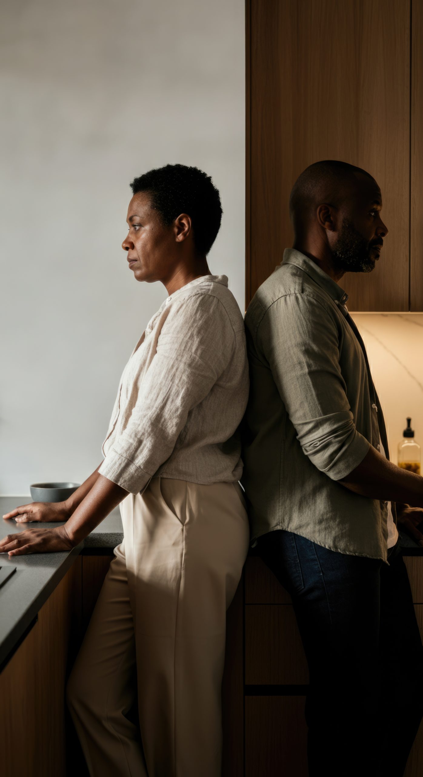 A man and woman stand back to back in a modern kitchen. The woman is African, middle-aged, with short hair. The man is African, middle-aged, with a beard.